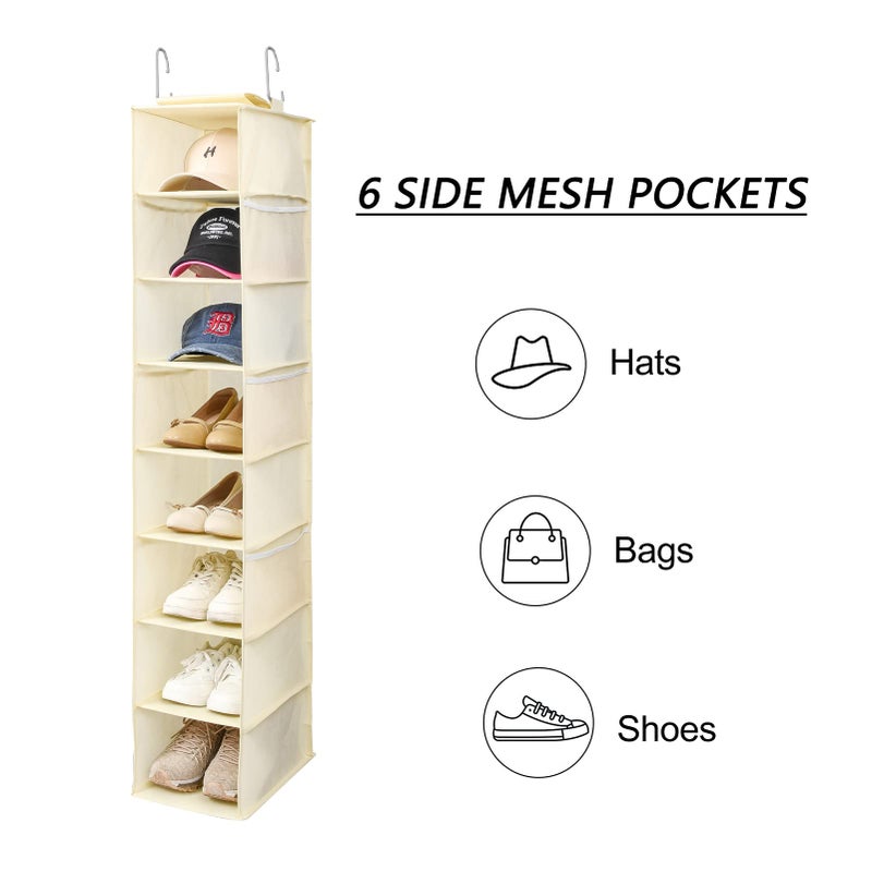 Berdeng Hanging Shoe Organizer for Closet with Side Mesh Pocketsï¼ŒHat Racks for Baseball Capsï¼ŒShoe and Hat Holder & Storageï¼Œ8-Shelfï¼ŒBeigeï¼Œ1 Pack - Image 5