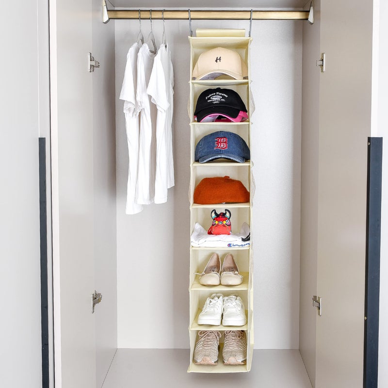 Berdeng Hanging Shoe Organizer for Closet with Side Mesh Pocketsï¼ŒHat Racks for Baseball Capsï¼ŒShoe and Hat Holder & Storageï¼Œ8-Shelfï¼ŒBeigeï¼Œ1 Pack - Image 3