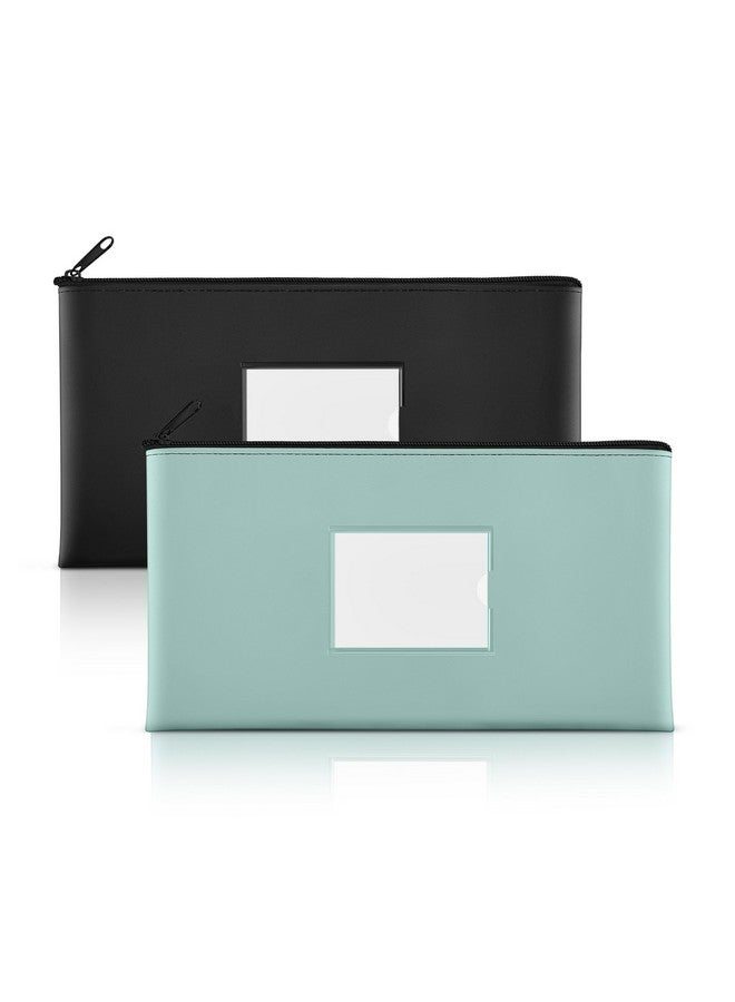SMARTAKE 2Pack Bank Deposit Money Bags With Zipper Pu Leather Bags Cash Wallet Pouches With Label For Coins Cosmetics Invoice Bills Tools 11.5 X 6.2 Inches Aqua Blue & Black - Image 1