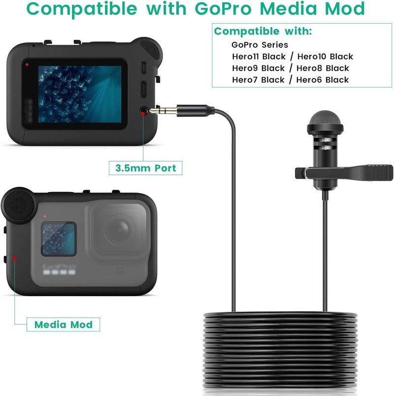 Action Pro Lavalier Lapal Media Mic Clip On TRS Port 3.5mm Adapter Compatible with GoPro-13/12/11/10/9/8/7/6/5 Black Action Camera (Pack of 1) - Image 3