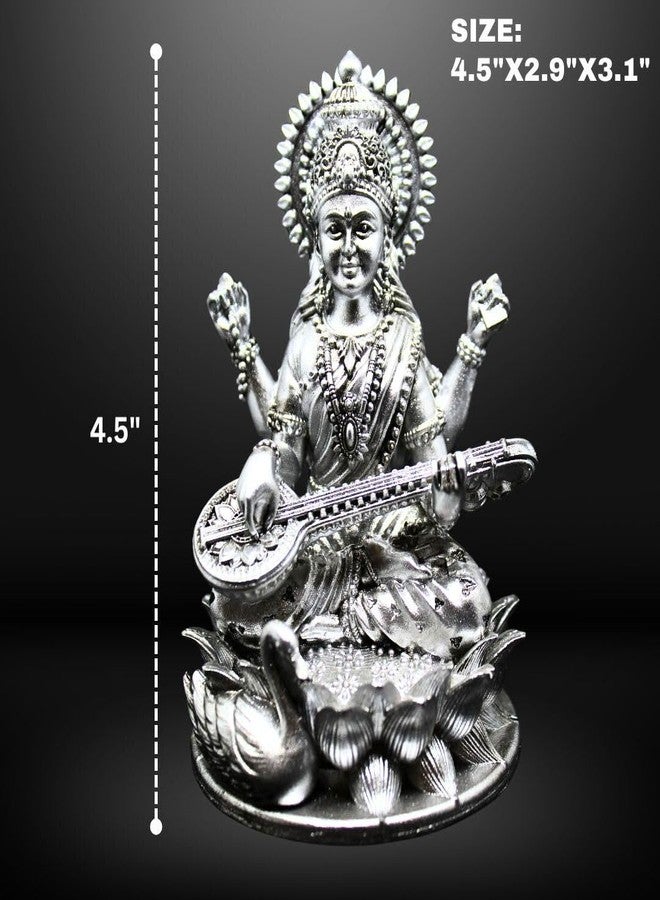 NEEANN Saraswati Devi Idol 4.5" Material Polystone Statuen Painted Brass, Antique Silver & White Finish Veena Vadini Maa Saraswati Murti Vasant Panchami for Home & Office Decor (Antique Silver) - Image 2