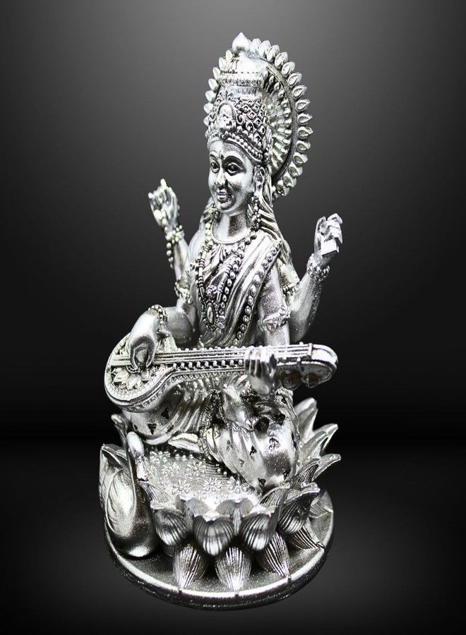 NEEANN Saraswati Devi Idol 4.5" Material Polystone Statuen Painted Brass, Antique Silver & White Finish Veena Vadini Maa Saraswati Murti Vasant Panchami for Home & Office Decor (Antique Silver) - Image 4