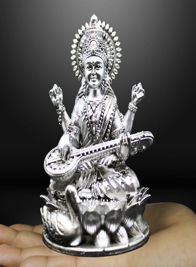 NEEANN Saraswati Devi Idol 4.5" Material Polystone Statuen Painted Brass, Antique Silver & White Finish Veena Vadini Maa Saraswati Murti Vasant Panchami for Home & Office Decor (Antique Silver) - Image 3