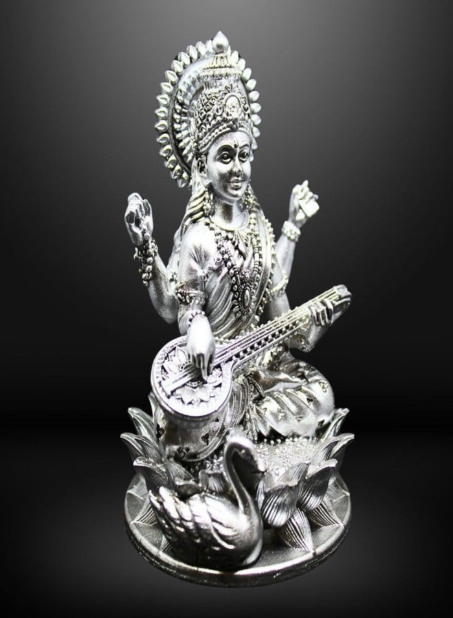 NEEANN Saraswati Devi Idol 4.5" Material Polystone Statuen Painted Brass, Antique Silver & White Finish Veena Vadini Maa Saraswati Murti Vasant Panchami for Home & Office Decor (Antique Silver) - Image 1