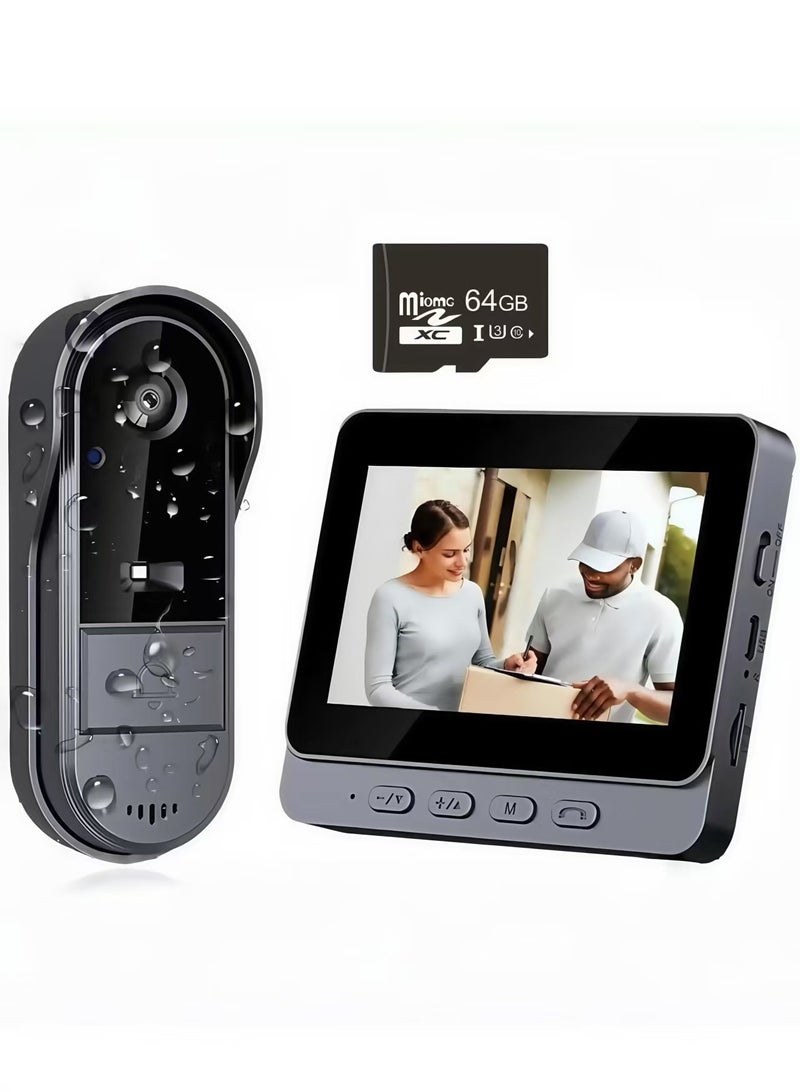 Doorbell Camera Wireless No Subscription 8MP, Waterproof Door Bell Camera with Monitor Screen NO WiFi and APP, Video Intercom Two-Way Audio, 170° View Angle,Night Vision,With a 64G memory card included - Image 1