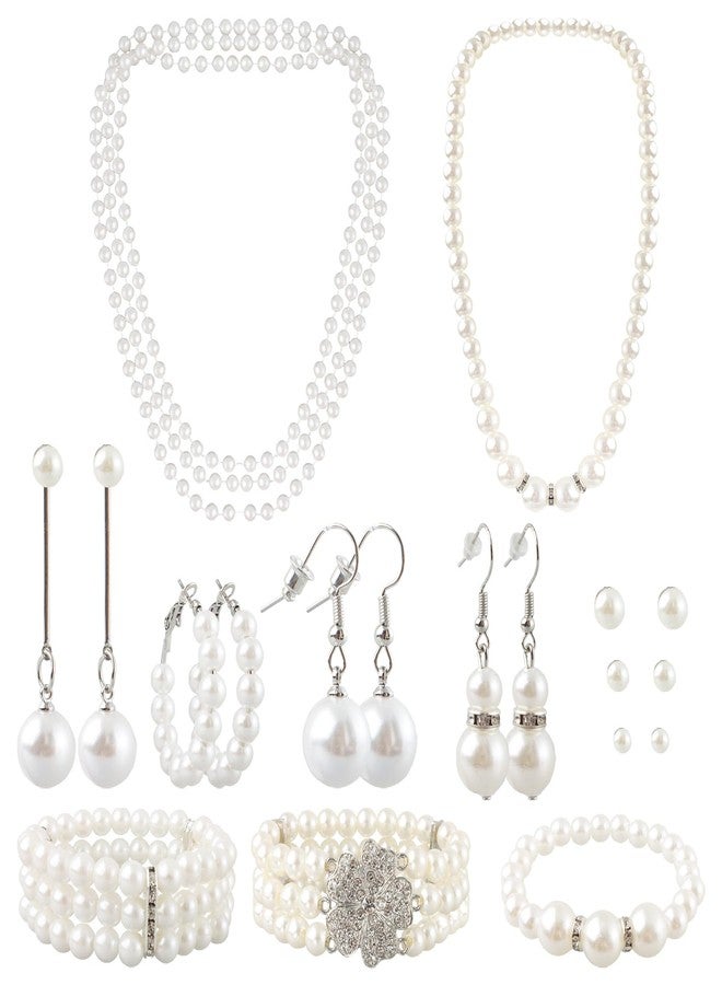 Gvhntk 19 Pcs Pearl Necklace Earrings Set for Women 1920s Faux Pearl Necklace Simulated Pearls Bracelet Costume Jewelry Pearls Accessories for Gift Wedding - Image 1