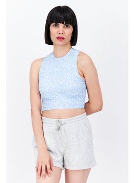 Women Crew Neck Sleeveless Floral Padded Tank Top, Light Blue