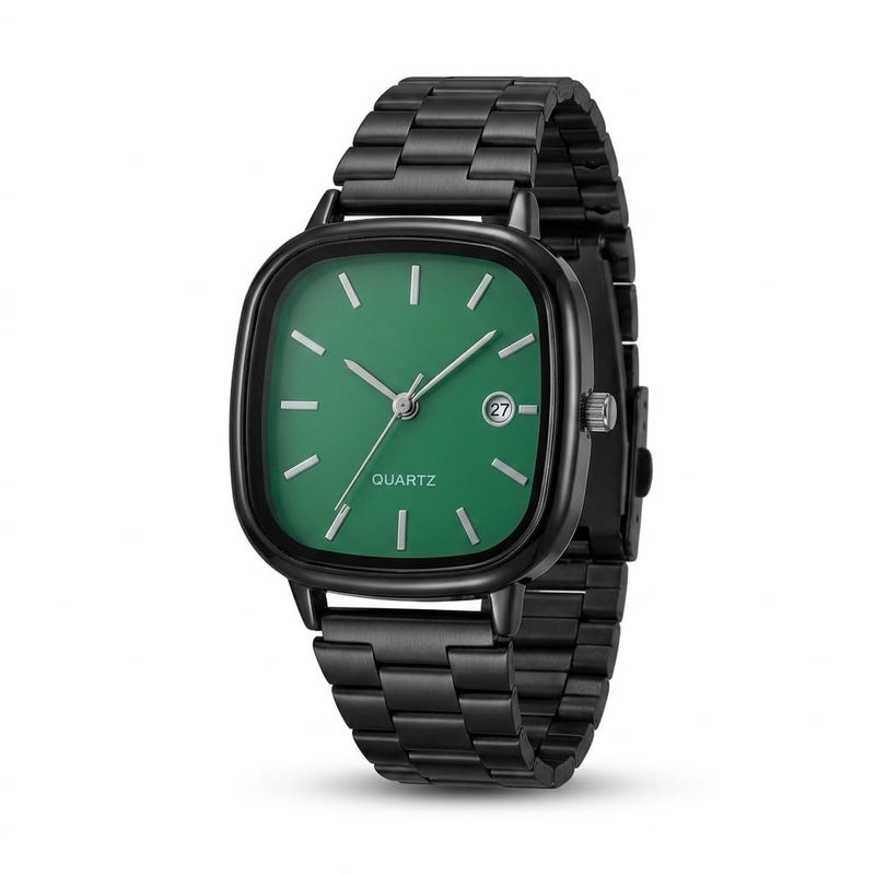 Men's Classic Square Bezel Colorful Dial Stainless Steel Band Quartz Watch with Date Fashion Dress Casual Wristwatch (Black Green Dial)