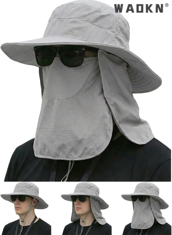 WAOKN Sun Hat Bucket Hats for Men Women,Outdoor Wide Brim Fishing Hat with Detachable Face Cover & Neck Flap UV Protection,Quick drying breathable outdoor hiking sun hat,Head circumference adjustable from 55-60cm,grey. - Image 1