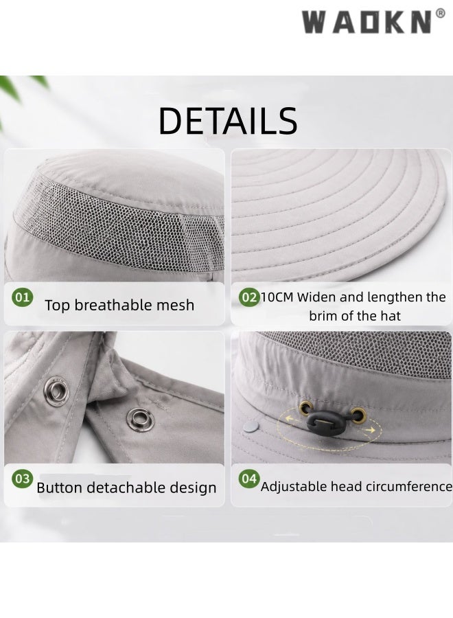 WAOKN Sun Hat Bucket Hats for Men Women,Outdoor Wide Brim Fishing Hat with Detachable Face Cover & Neck Flap UV Protection,Quick drying breathable outdoor hiking sun hat,Head circumference adjustable from 55-60cm,grey. - Image 3