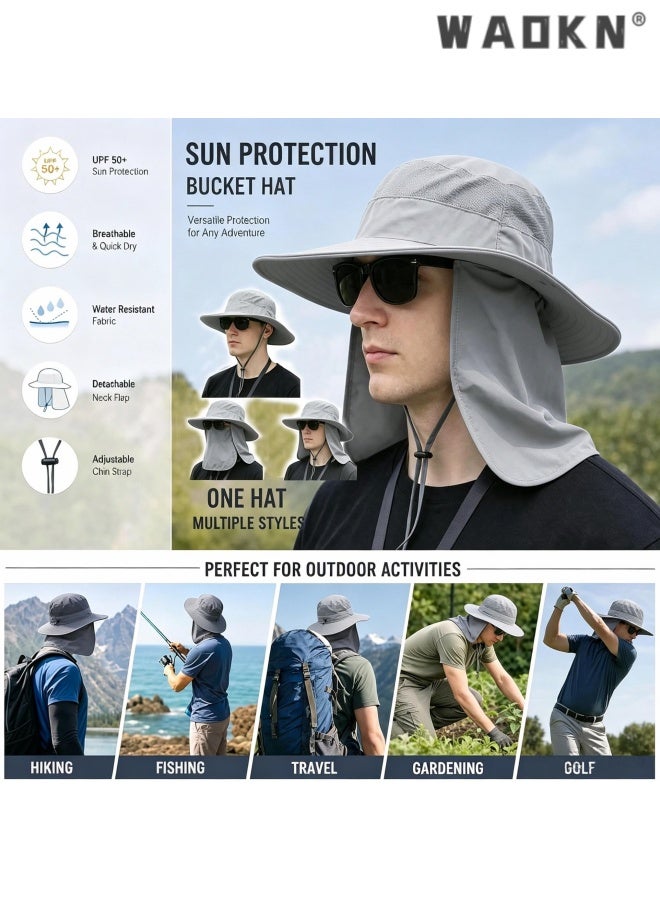 WAOKN Sun Hat Bucket Hats for Men Women,Outdoor Wide Brim Fishing Hat with Detachable Face Cover & Neck Flap UV Protection,Quick drying breathable outdoor hiking sun hat,Head circumference adjustable from 55-60cm,grey. - Image 4