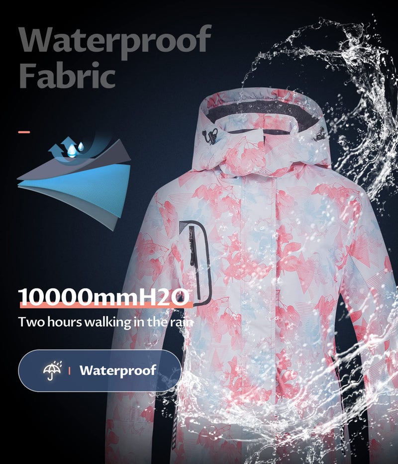 CREATMO US Womens Waterproof Ski Jacket Winter Coat Hiking Pink Printed X-Large - Image 4