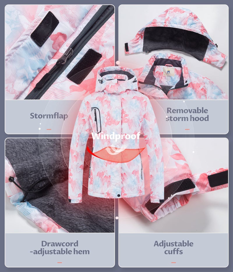 CREATMO US Womens Waterproof Ski Jacket Winter Coat Hiking Pink Printed X-Large - Image 5