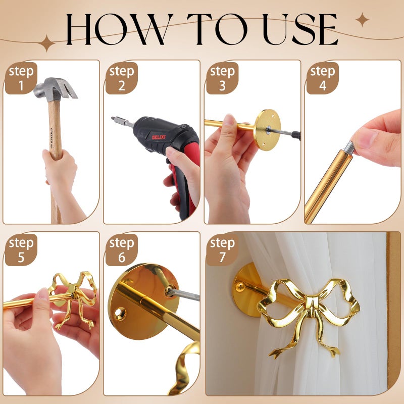 Blulu 2 Pcs Metal Bow Curtain Holdbacks Gold Wall Mounted Bow Curtain Hold Backs Curtains Modern Gold Holders for Living Room Bedroom Office Home - Image 4