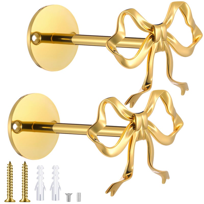 Blulu 2 Pcs Metal Bow Curtain Holdbacks Gold Wall Mounted Bow Curtain Hold Backs Curtains Modern Gold Holders for Living Room Bedroom Office Home - Image 1