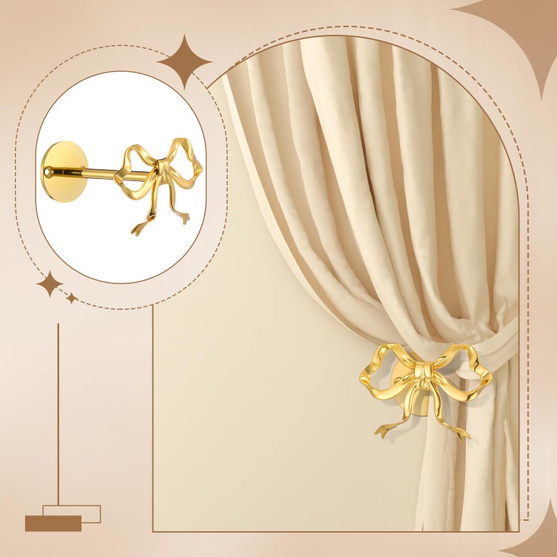 Blulu 2 Pcs Metal Bow Curtain Holdbacks Gold Wall Mounted Bow Curtain Hold Backs Curtains Modern Gold Holders for Living Room Bedroom Office Home - Image 5