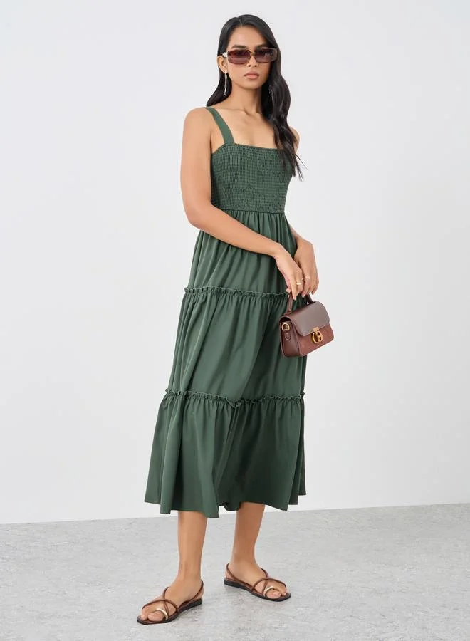 Take Two Take Two Solid Smocking Detail A-Line Strappy Midi Dress
