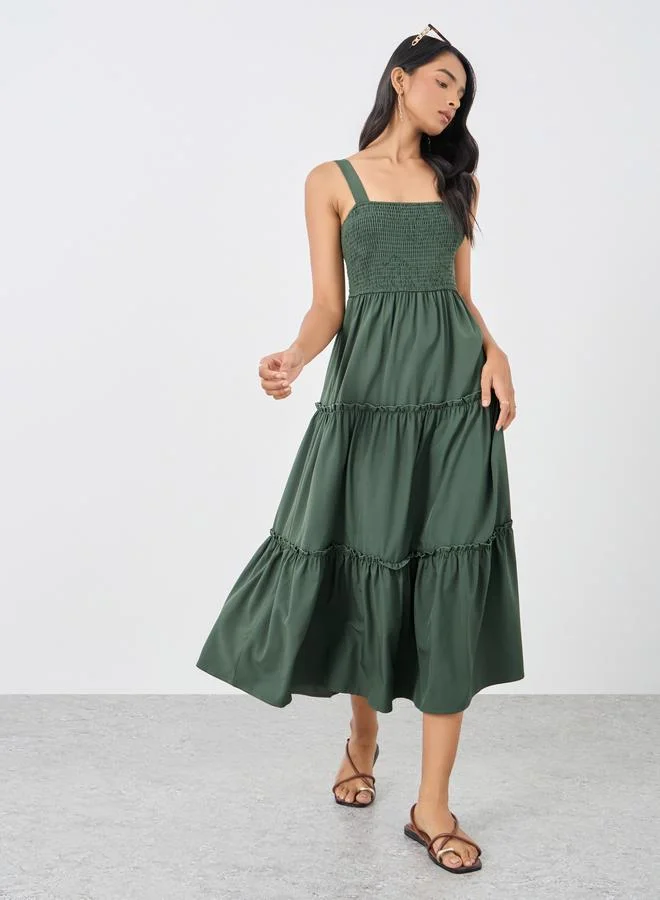 Take Two Take Two Solid Smocking Detail A-Line Strappy Midi Dress