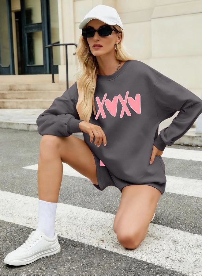 MYHALF Women 2 Piece Outfits Christmas Sweat Shorts Sets 2025 Oversized Casual Lounge Matching Set Sweatsuit with Pockets, Xoxo Dark Grey, L - Image 2