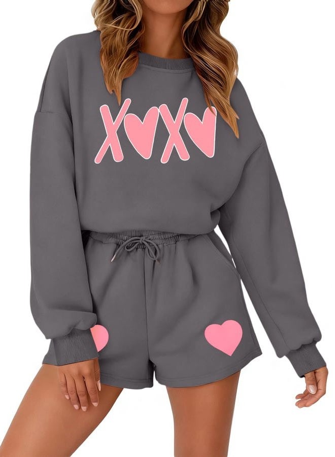 MYHALF Women 2 Piece Outfits Christmas Sweat Shorts Sets 2025 Oversized Casual Lounge Matching Set Sweatsuit with Pockets, Xoxo Dark Grey, L - Image 1