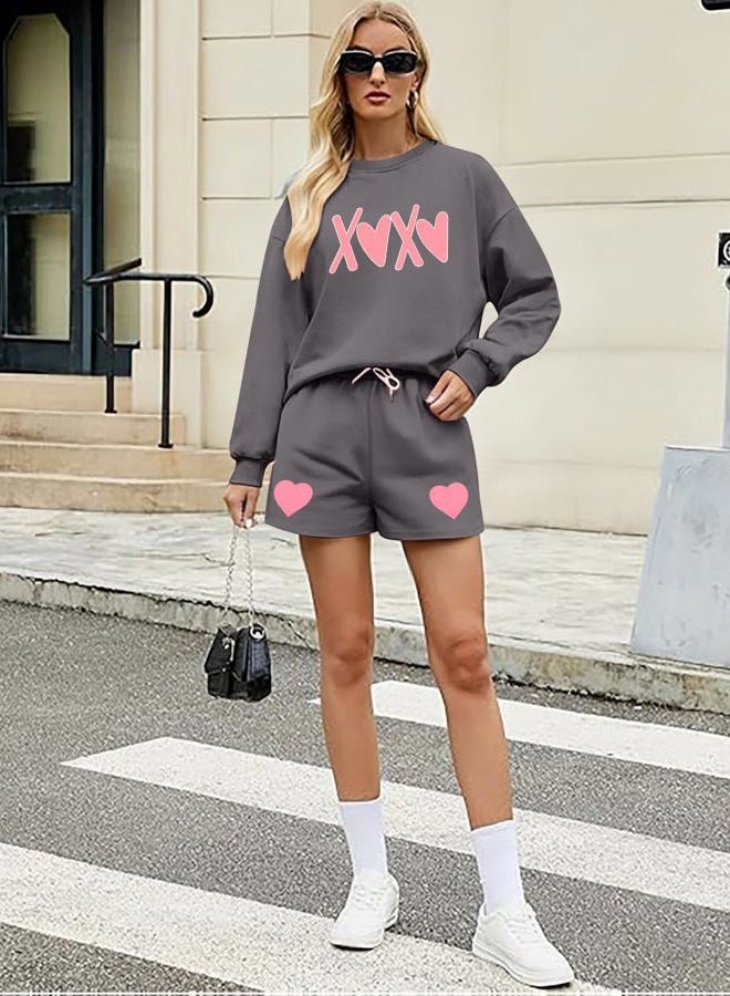 MYHALF Women 2 Piece Outfits Christmas Sweat Shorts Sets 2025 Oversized Casual Lounge Matching Set Sweatsuit with Pockets, Xoxo Dark Grey, L - Image 4