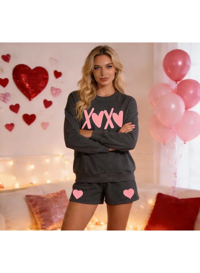 MYHALF Women 2 Piece Outfits Christmas Sweat Shorts Sets 2025 Oversized Casual Lounge Matching Set Sweatsuit with Pockets, Xoxo Dark Grey, L - Image 5
