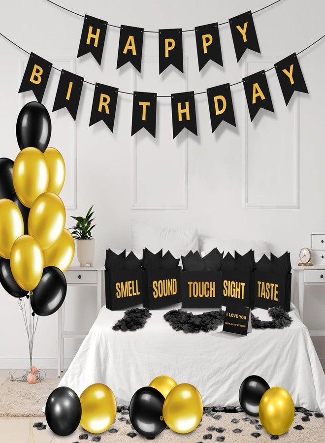 Soulchen 5 Senses Gift Birthday Decorations Five Senses Gift Bags Birthday Party Decoration with Happy Bithday Banner Taste Touch Sound Rose Petals Ballon for Birthday Party Decorations (Black) - Image 2