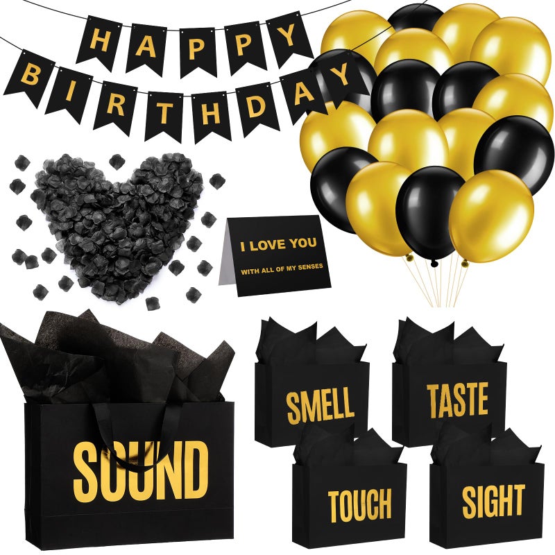 Soulchen 5 Senses Gift Birthday Decorations Five Senses Gift Bags Birthday Party Decoration with Happy Bithday Banner Taste Touch Sound Rose Petals Ballon for Birthday Party Decorations (Black) - Image 1