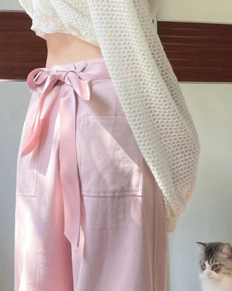 Dynict Y2K Bow Tie Jeans for Women Baggy Casual Wide Leg Pants Kawaii Straight High Waist Drawstring Pink Trousers (Pink,Medium) - Image 2