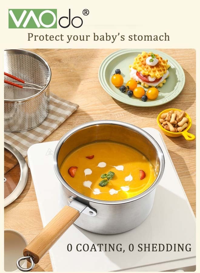 فاو دو 4 قطع من الطناجر مع مشابك وقمع، وعاء حليب من الفولاذ المقاوم للصدأ 304 غير مطلي مع غطاء من الزجاج المقوى متوافق مع جميع مواقد الطهي - Image 2