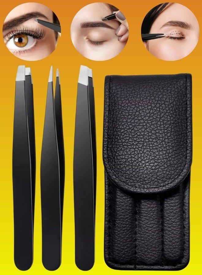NIKITA.VIVI 3 Pcs Eyebrow Tweezers Set,Stainless Steel Precision Tweezer Kit for Eyebrows Facial Hair,Brow Tweezer Professional Tweezers Ingrown Hair & Splinter Removal Tool with Travel Case Leather - Image 1