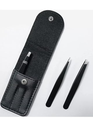 3 Pcs Eyebrow Tweezers Set,Stainless Steel Precision Tweezer Kit for Eyebrows Facial Hair,Brow Tweezer Professional Tweezers Ingrown Hair & Splinter Removal Tool with Travel Case Leather - view 2