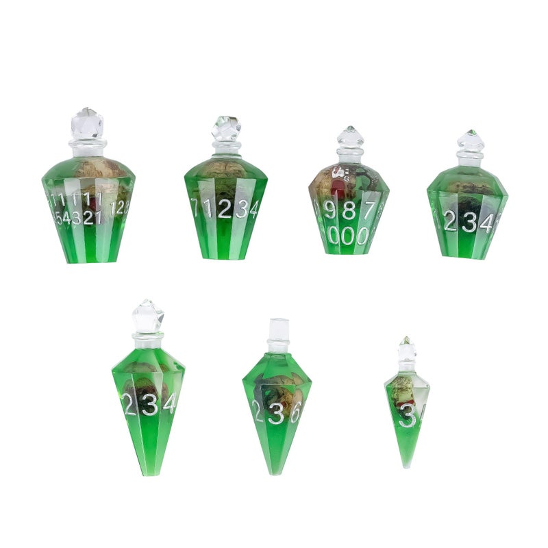 CRITALLIC 7PCS Potion DND Dice SetTransparent Sharp Edge Dice Set DD RPG Polyhedral Dicefor TTRPG Games Roleplaying GamesGreen Skull - Image 3