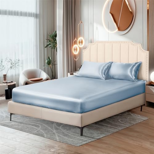 Ersmak Silk Satin Fitted Sheet, Soft Deep Pocket Bottom Luxury Queen Fitted Sheet, Wrinkle Free, Breathable, Fade Resistant - Baby Blue - Image 1