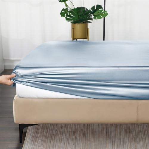 Ersmak Silk Satin Fitted Sheet, Soft Deep Pocket Bottom Luxury Queen Fitted Sheet, Wrinkle Free, Breathable, Fade Resistant - Baby Blue - Image 3