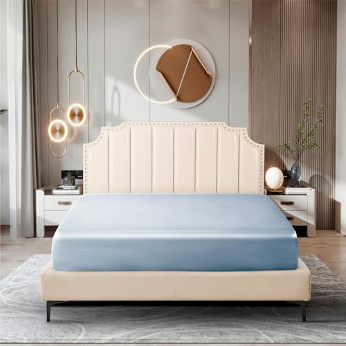 Ersmak Silk Satin Fitted Sheet, Soft Deep Pocket Bottom Luxury Queen Fitted Sheet, Wrinkle Free, Breathable, Fade Resistant - Baby Blue - Image 2