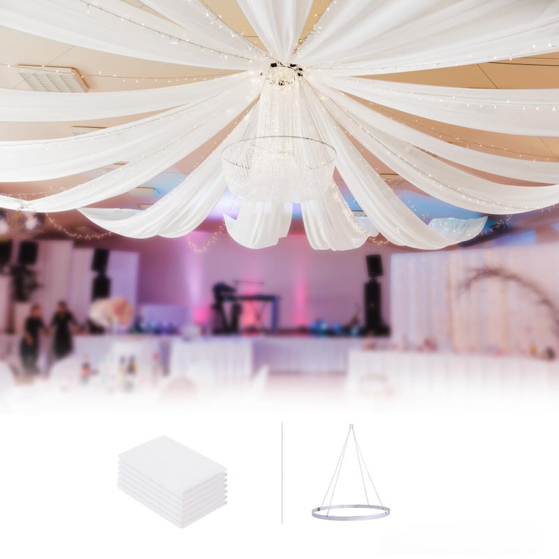 boldworks Ceiling Drapes Hanging Kit for Weddings Tent Bedroom Draping Parties Decoration White Fabric Includes Hoop Ring Set 5ft x 10ft Pack of 6 - Image 1