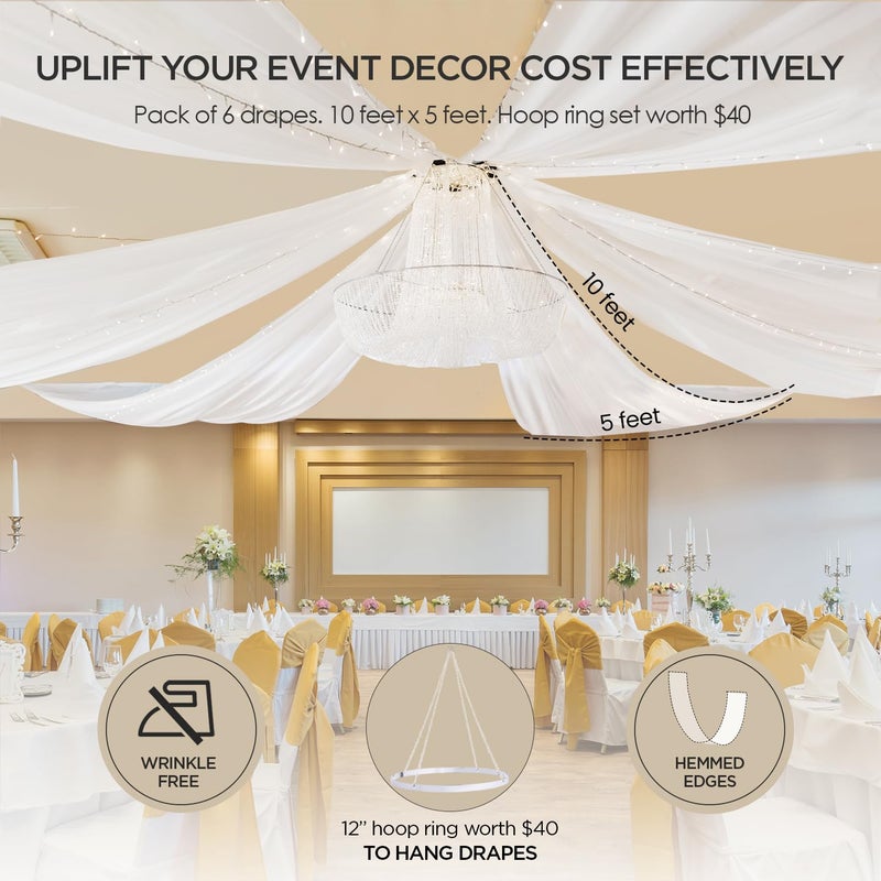 boldworks Ceiling Drapes Hanging Kit for Weddings Tent Bedroom Draping Parties Decoration White Fabric Includes Hoop Ring Set 5ft x 10ft Pack of 6 - Image 2