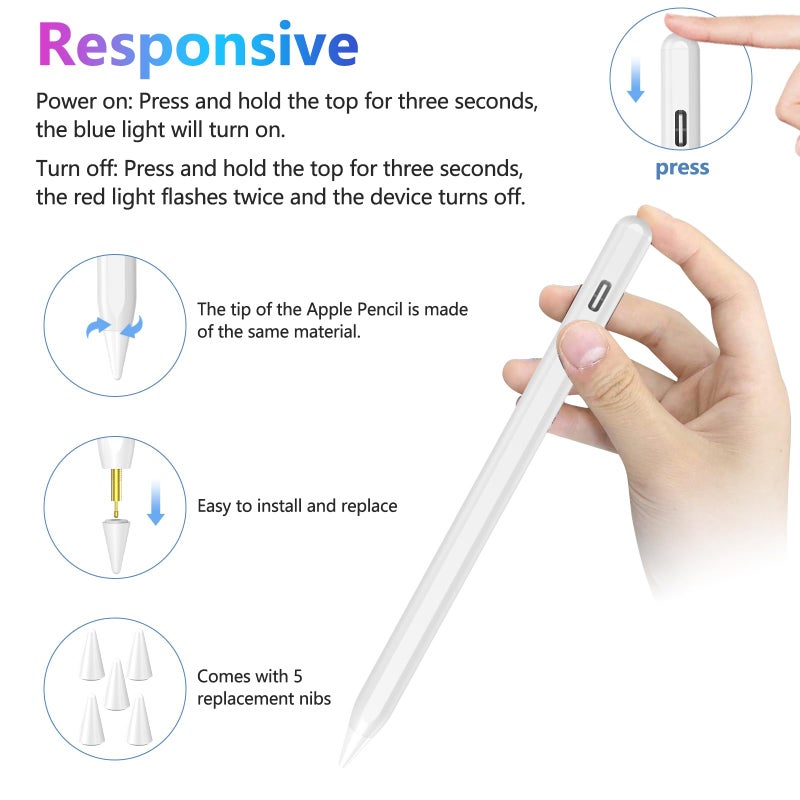 COO Stylus Pen for iPad, Button Fast Charging Pencil with Digit Indicator Light capacitive Pen (White) - Image 5