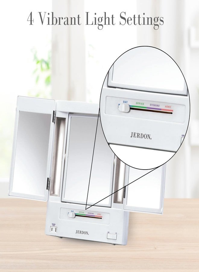 JERDON Tri-Fold Two-Sided Makeup Mirror with Lights - Vanity Mirror with 5X-1X Magnification & Multiple Light Settings - White - Model JGL9W - Image 3