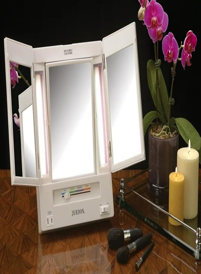 JERDON Tri-Fold Two-Sided Makeup Mirror with Lights - Vanity Mirror with 5X-1X Magnification & Multiple Light Settings - White - Model JGL9W - Image 2