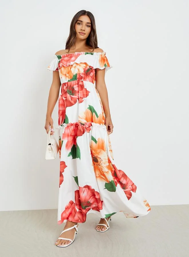Styli White Floral Off Shoulder Maxi Dress