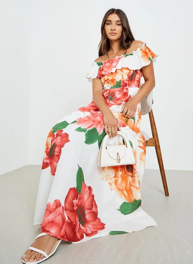 Styli White Floral Off Shoulder Maxi Dress