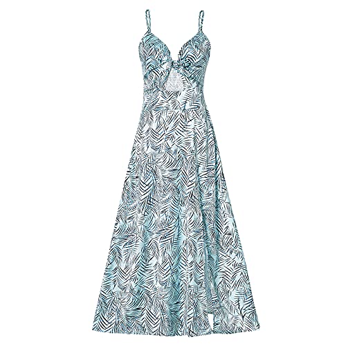 Fashionme Women Spaghetti Strap Midi Satin Dresses Tie Front Backless Split Summer Casual Floral Dress Hollow Flowy Slip Dress Sundresses Wedding Guest Beach Cocktail Graduation B-Light Blue - Image 4