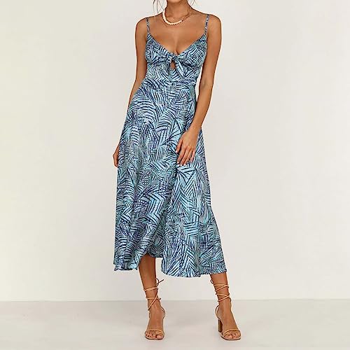 Fashionme Women Spaghetti Strap Midi Satin Dresses Tie Front Backless Split Summer Casual Floral Dress Hollow Flowy Slip Dress Sundresses Wedding Guest Beach Cocktail Graduation B-Light Blue - Image 3