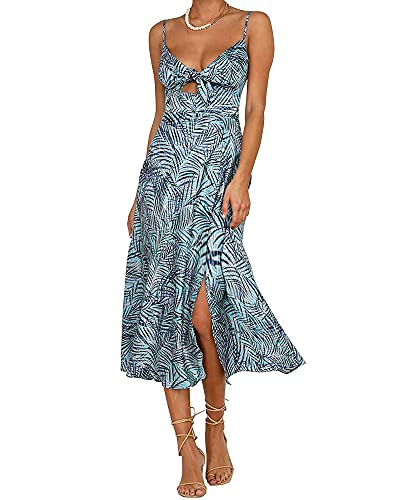 Fashionme Women Spaghetti Strap Midi Satin Dresses Tie Front Backless Split Summer Casual Floral Dress Hollow Flowy Slip Dress Sundresses Wedding Guest Beach Cocktail Graduation B-Light Blue - Image 1
