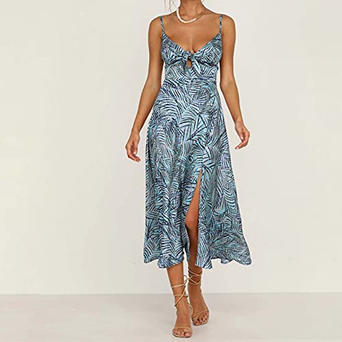 Fashionme Women Spaghetti Strap Midi Satin Dresses Tie Front Backless Split Summer Casual Floral Dress Hollow Flowy Slip Dress Sundresses Wedding Guest Beach Cocktail Graduation B-Light Blue - Image 2
