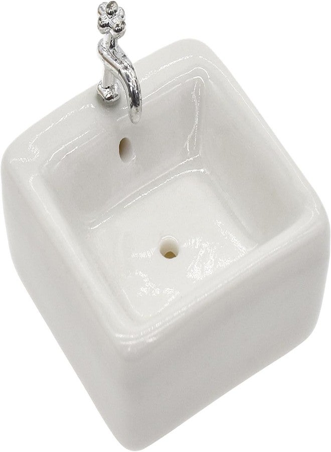 GOUDOGEDC 1:12 Scale Ceramic Sink with Removable Faucet - Miniature Dollhouse Bathroom and Kitchen Accessories for Victorian Style Decor, Realistic Doll House Furniture (Durable Resin Basin Set) - Image 1