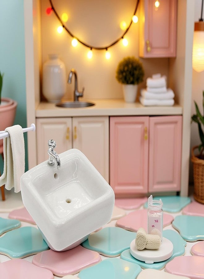 GOUDOGEDC 1:12 Scale Ceramic Sink with Removable Faucet - Miniature Dollhouse Bathroom and Kitchen Accessories for Victorian Style Decor, Realistic Doll House Furniture (Durable Resin Basin Set) - Image 4