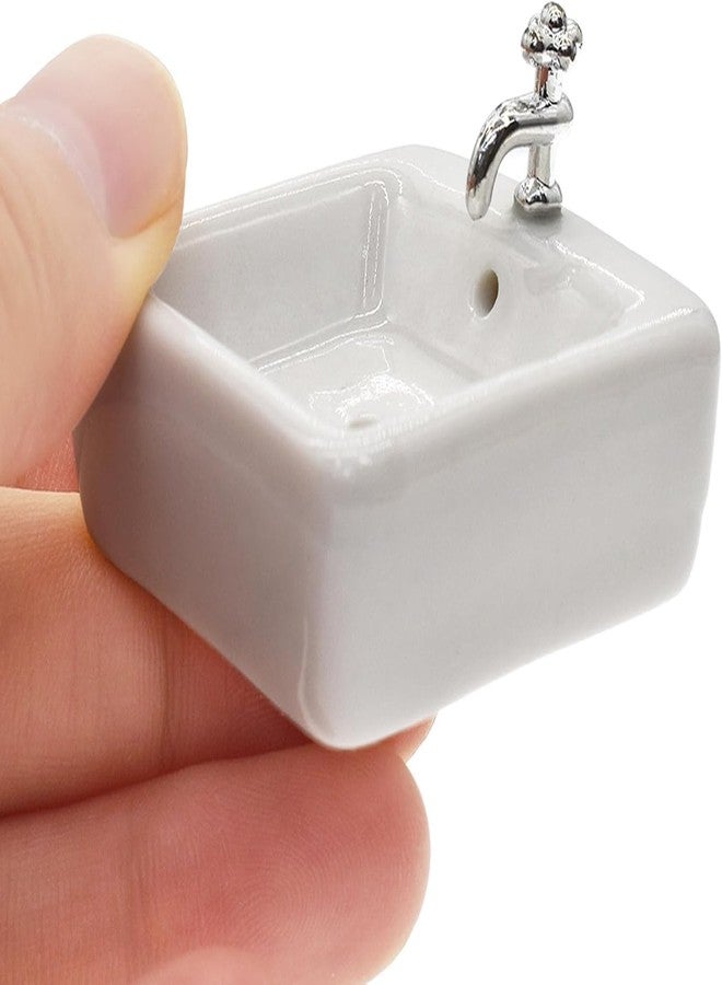 GOUDOGEDC 1:12 Scale Ceramic Sink with Removable Faucet - Miniature Dollhouse Bathroom and Kitchen Accessories for Victorian Style Decor, Realistic Doll House Furniture (Durable Resin Basin Set) - Image 2